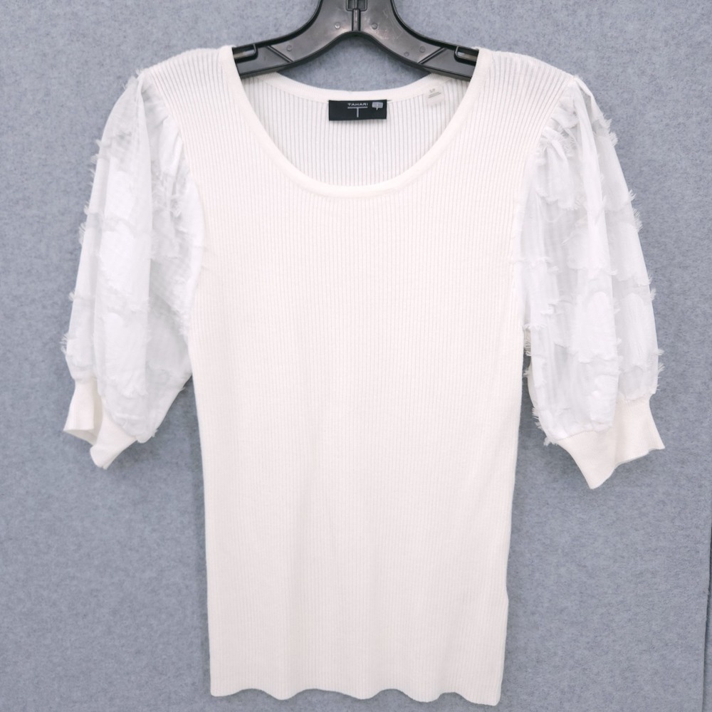 Tahari Ribbed Blouson Sleeve White Star Round Neck Top Shirt Womens Size S